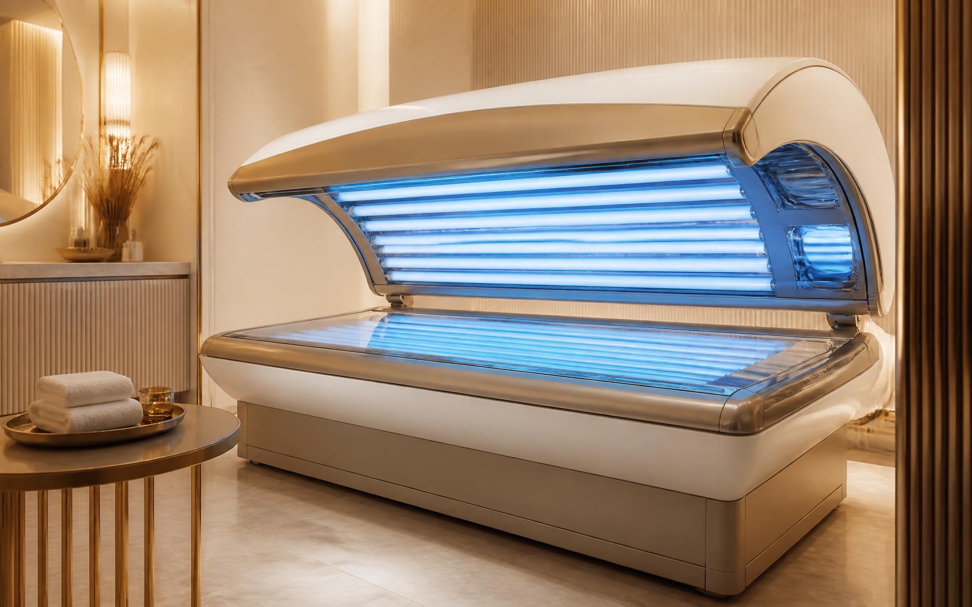 Premium tanning bed in a warm, modern spa interior